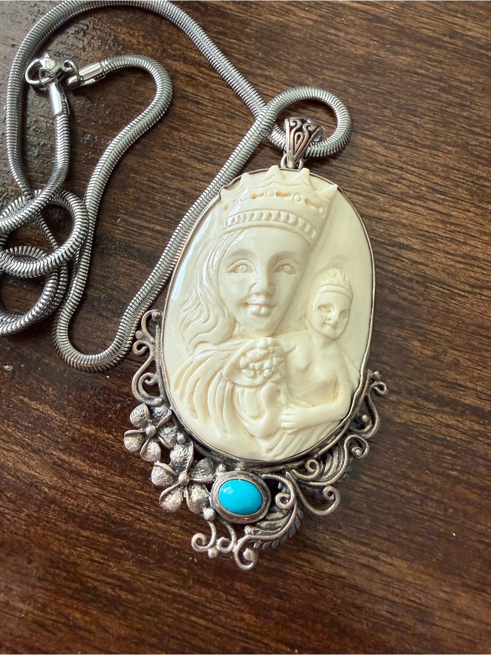 Sterling Carved Ivory-Tone Madonna & Child Pendant Necklace Turquoise Accent